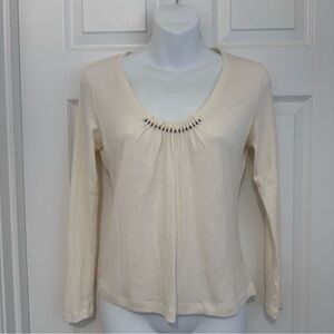 Talbots Petite S Ivory Embellished Ribbed Scoop Neck Tee Pima Cotton Long Sleeve
